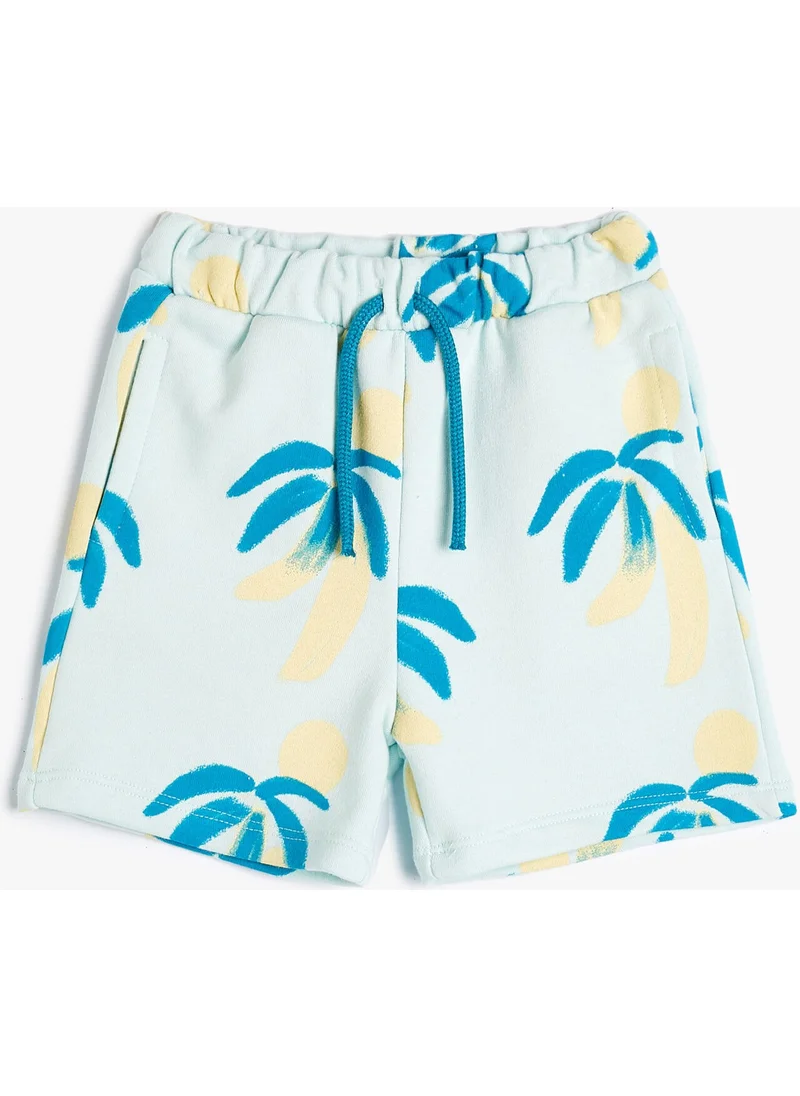 KOTON Cotton Shorts Tie Waist Pocket Palm Tree Printed