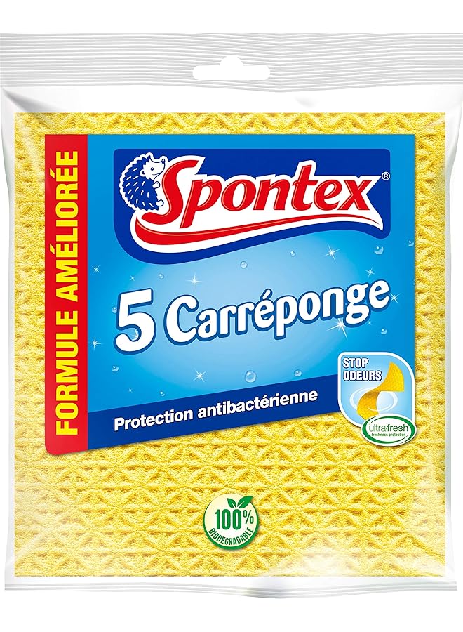 Spontex Sponges Cloths With Anti-bacterial Protection, 100% Biodegradable, Stops Odours and Stays Fresher for Longer, Absorbent, Flexible and Durable, Yellow, 5 Pieces - Image 1