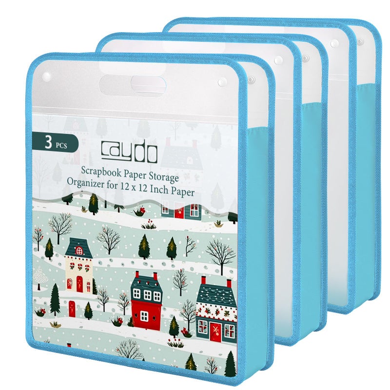 Caydo Scrapbook Paper Storage 3 Pack Blue Expanding Paper Folio Clear Portable 12x12 Scrapbook Storage with Handle for Holding 12 x 12 Inch Scrapbook Vinyl Cardstock - Image 2