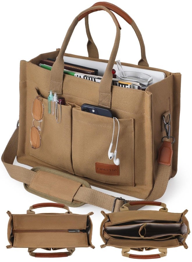 FIORETTO Canvas Tote Bag for Women with Zipper Closure, Individual Compartments, Detachable Strap & Bottom Support, Brown, Medium, Contemporary - Image 1
