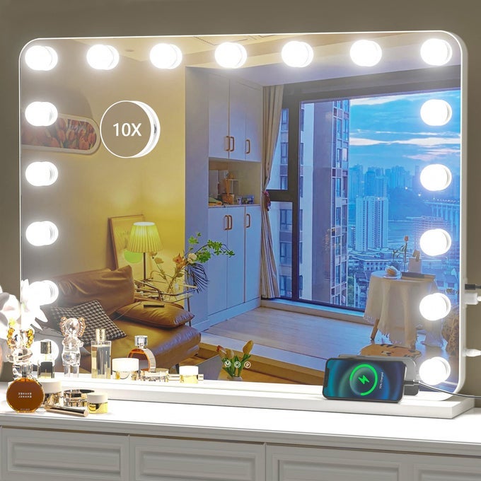 VANITY MIRROR WITH LIGHTS 315 X 236 HOLLYWOOD MIRROR MAKEUP MIRROR WITH 17 DIMMABLE BULBS AND 10X MAGNIFICATION 3 COLORS MODES TOUCH CONTROL USB CHARGING PORT TYPEC WHITE
