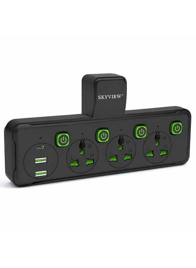 Sky View موسع مخرج الحائط متعدد المقابس، 2500 واط، موسع مخرج كهربائي 3 طرق مع 2 USB و 1 منفذ Type-C، محول مقبس عالمي، محطة شحن للمنزل، المكتب، المطبخ، مع مفاتيح فردية (أسود) - Image 1