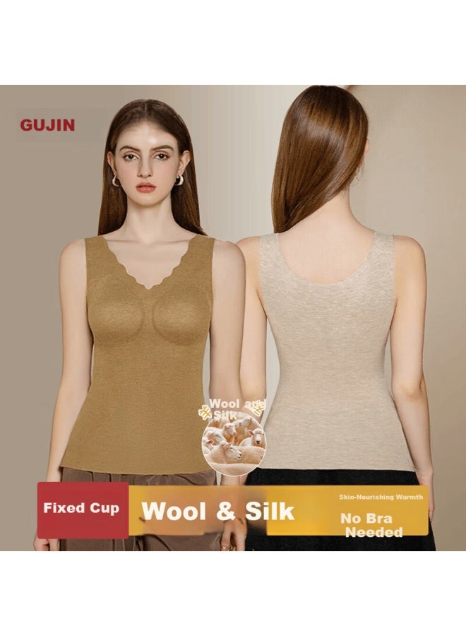 Gujin Autumn Winter Wool Silk Warm Vest Women Seamless Integrated Cup Thermal Underwear Base Layer Shirt - Image 1
