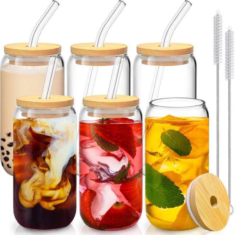 SENTVEND 16 Oz Drinking Glasses with Bamboo Lids and Glass Straw  6 Pcs Glass Cups Beer Ice Coffee Glasses Cute Aesthetic Cup Great for Coffee Bar Accessories Include 2 Cleaning Brushes