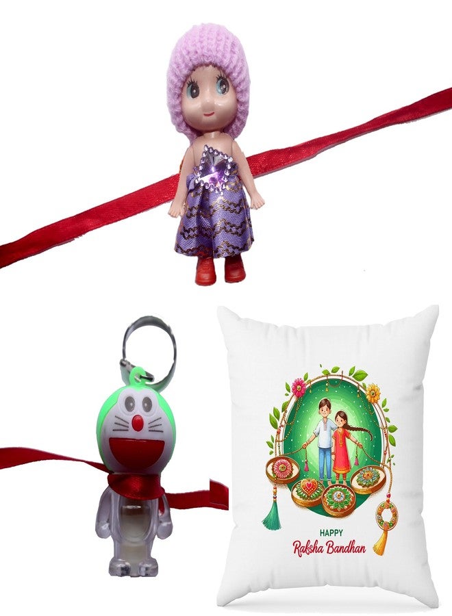 Ethnic Darzi Rakhi Combo Gift Set - 2 Kids Rakhis with Raksha Bandhan Printed Cushion - Gift for Kids | Rakhi with Pillow for Raksha Bandhan, RKCUS-46 - Image 1