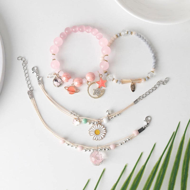 DS 4PCS Beaded Charm Bracelets for Teen Girls DS Dainty cute cartoon Crystal Beads Pearl Bracelets anklets set for woman and girls Adjustable Stretch bracelet birthday Gift For Friends (Pink Planet Moon) - Image 4