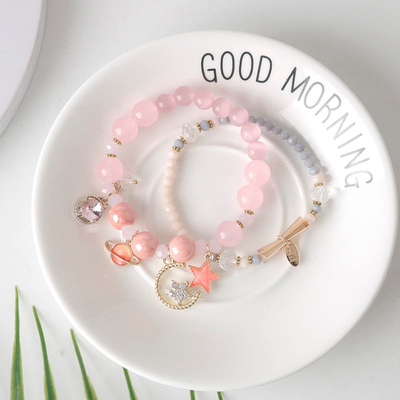 DS 4PCS Beaded Charm Bracelets for Teen Girls DS Dainty cute cartoon Crystal Beads Pearl Bracelets anklets set for woman and girls Adjustable Stretch bracelet birthday Gift For Friends (Pink Planet Moon) - Image 3