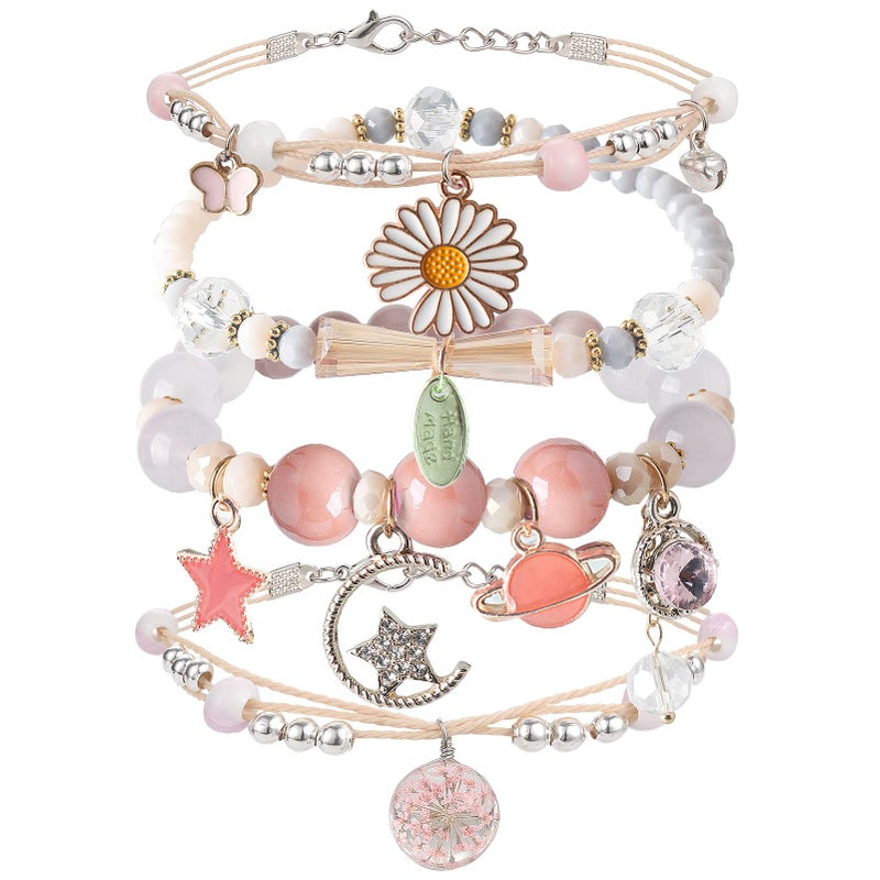 DS 4PCS Beaded Charm Bracelets for Teen Girls DS Dainty cute cartoon Crystal Beads Pearl Bracelets anklets set for woman and girls Adjustable Stretch bracelet birthday Gift For Friends (Pink Planet Moon) - Image 1