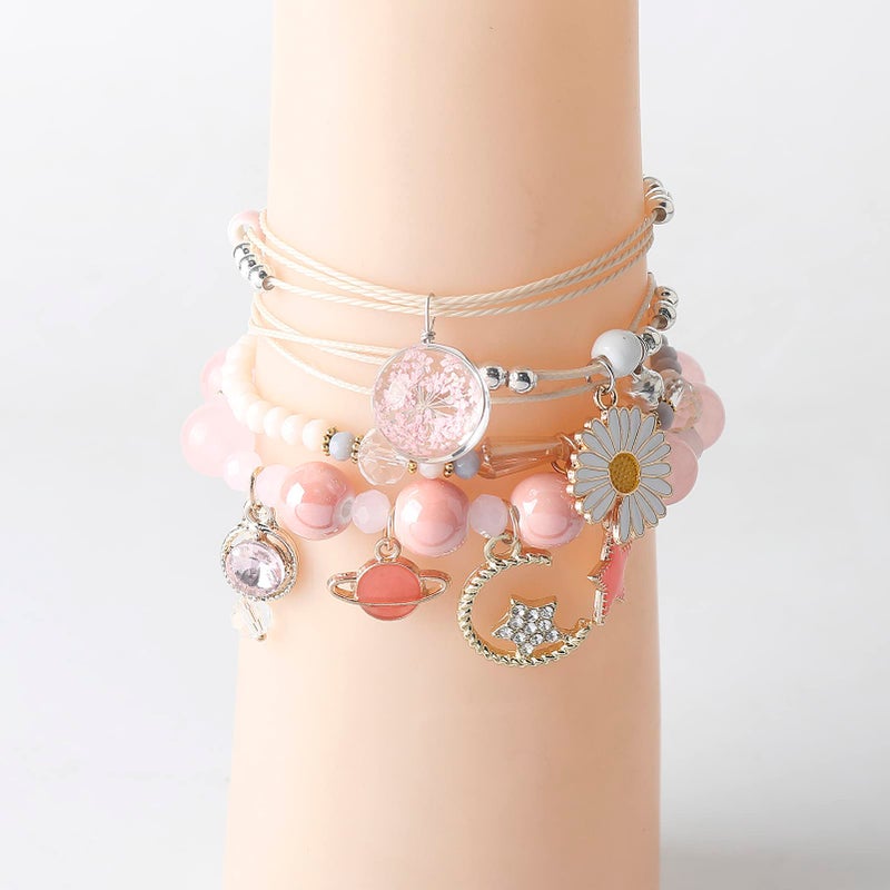 DS 4PCS Beaded Charm Bracelets for Teen Girls DS Dainty cute cartoon Crystal Beads Pearl Bracelets anklets set for woman and girls Adjustable Stretch bracelet birthday Gift For Friends (Pink Planet Moon) - Image 5