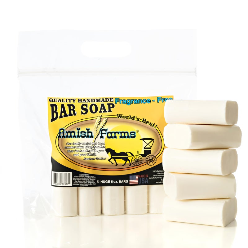 Amish Farms Fragrance-Free & Dye-Free Natural Bar Soap for Sensitive Skin (Huge 5 Bars) - Made in USA, Unscented Moisturizing Bar Soap Soap (5-Pack) - Image 1