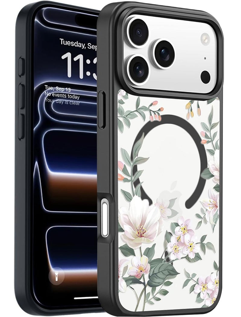 VONZEE Back Cover Case Compatible with iPhone 17 Pro Case Luxury Retro Flowers Floral Clear for Magnetic Wireless Charging Case Shockproof PC+TPU Cute Glossy Shiny Cover for Girls Women, 6.3'' Black - Image 1