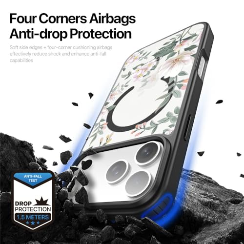 VONZEE Back Cover Case Compatible with iPhone 17 Pro Case Luxury Retro Flowers Floral Clear for Magnetic Wireless Charging Case Shockproof PC+TPU Cute Glossy Shiny Cover for Girls Women, 6.3'' Black - Image 4