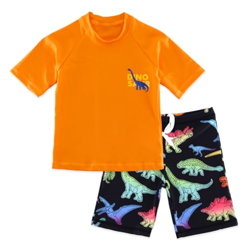 SINOLY Boys Two Piece Rash Guard Swimsuits Kids Short Sleeve Sunsuit Swimwear Sets Dinosaur 6T - Image 1
