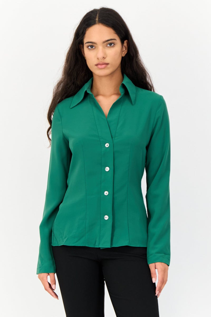 KOTON Women Pointed Collar Long Sleeve Solid Shirt, Green - Image 1
