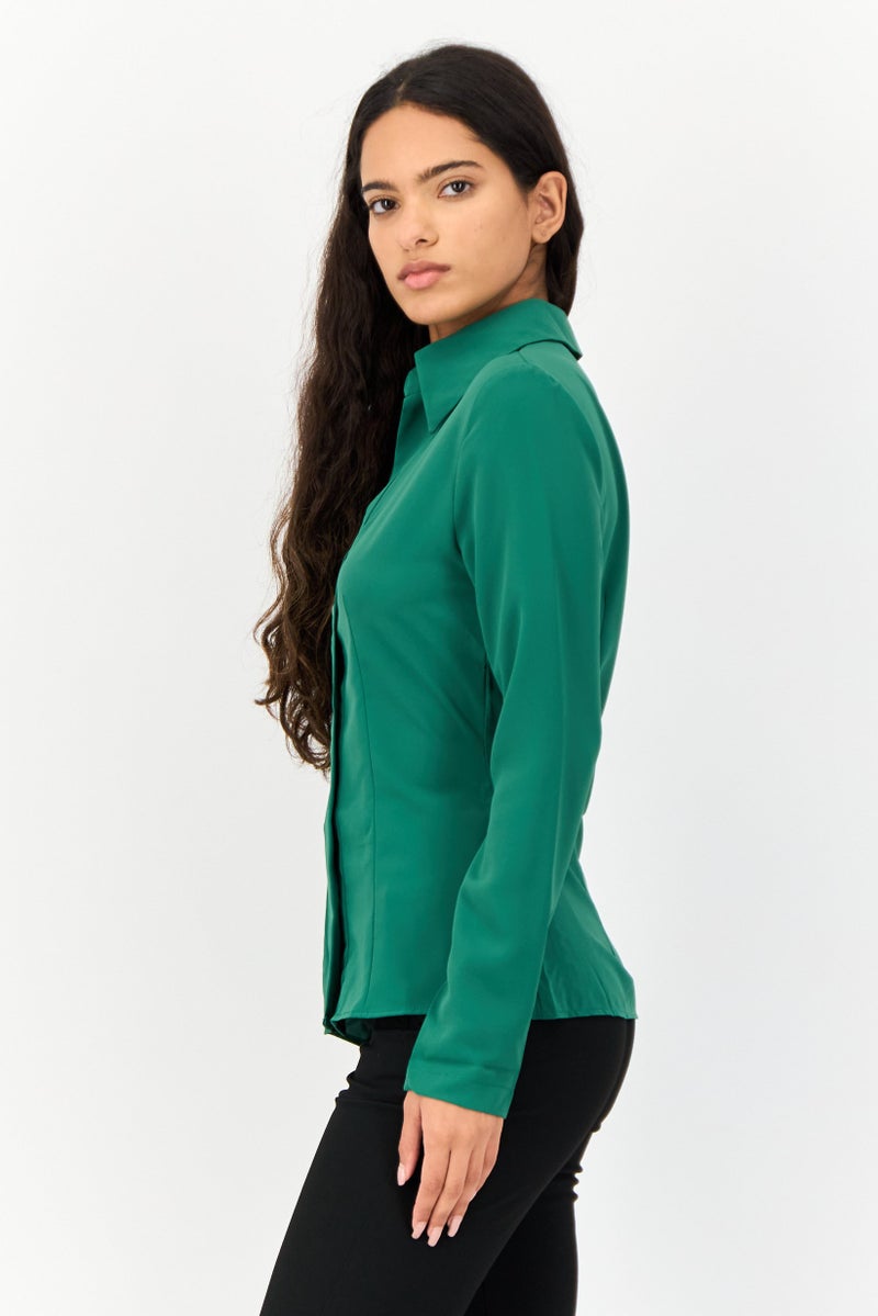 KOTON Women Pointed Collar Long Sleeve Solid Shirt, Green - Image 4