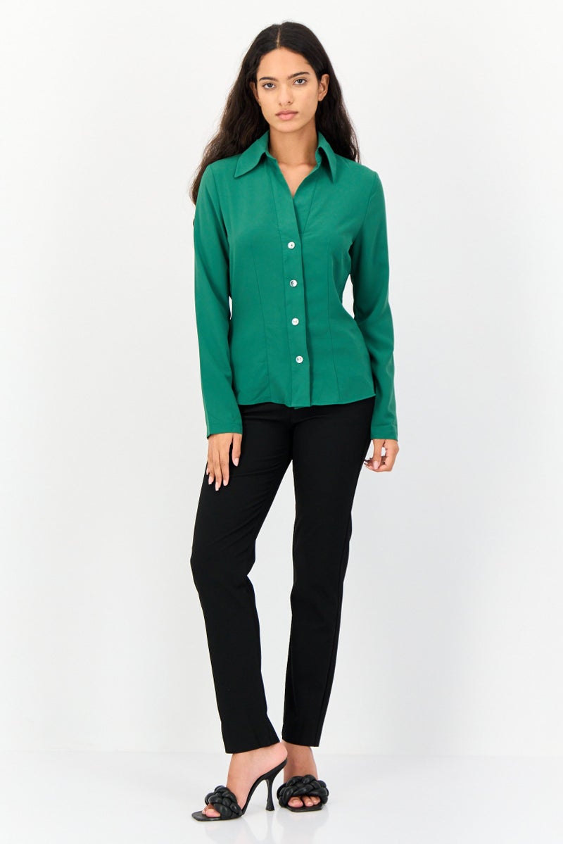 KOTON Women Pointed Collar Long Sleeve Solid Shirt, Green - Image 3