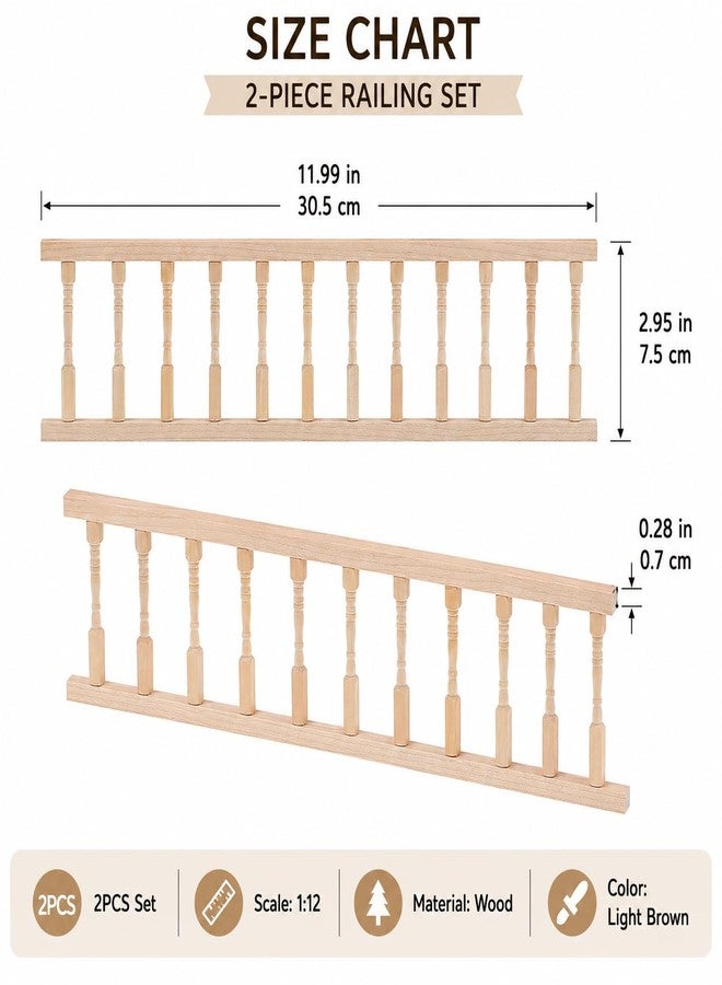 Garneck 2PCS Dollhouse Railing Kit: 1:12 Scale Unfinished Wooden Handrail Miniature Porch Railing for Balcony Tiny Stair Fence Accessories DIY Fairy Doll House Furniture Decoration - Image 5