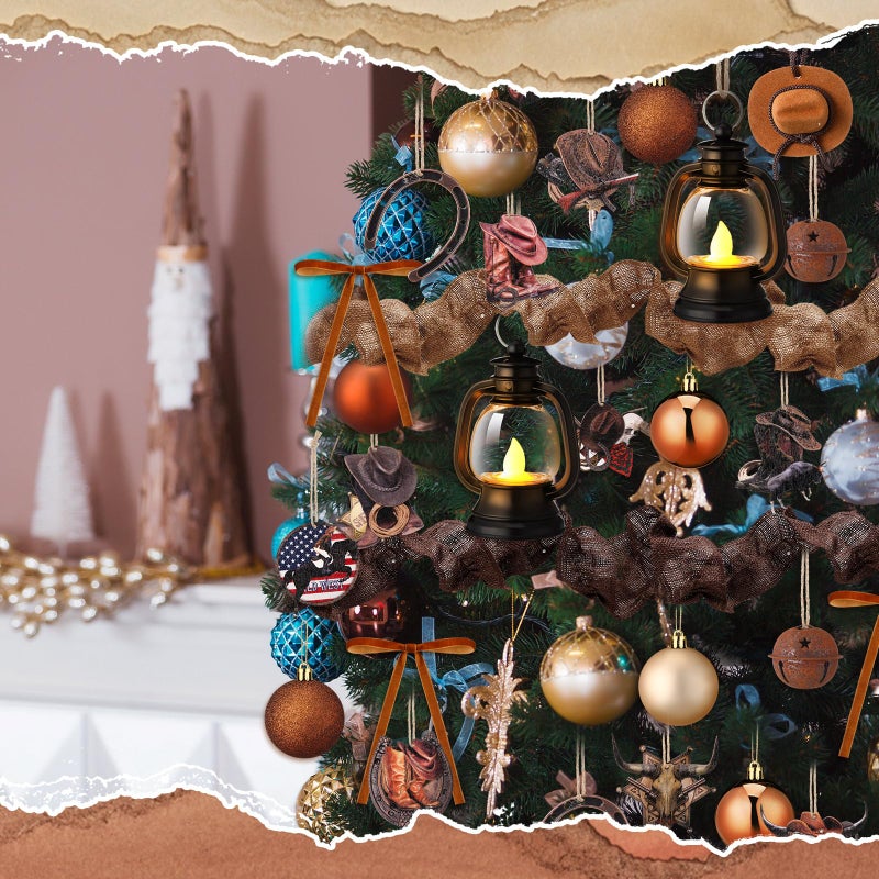 Memorywuu 64 Pcs Western Christmas Tree Ornaments Set Xmas Cowboy Hanging Decoration West Theme Mini Cowboy Hats Lantern Rodeo Velvet Bows Rustic Stars For Holiday Country Party Favors Supplies - Image 3