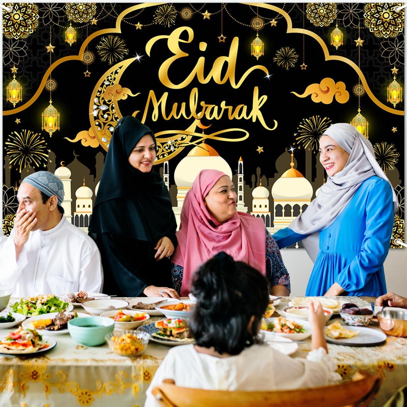 Mocsicka Eid Mubarak Banner Blue Gold Eid Mubarak Decorations Muslim Ramadan Kareem Decorations for Home Photo Booth Props (Blue) - Image 5