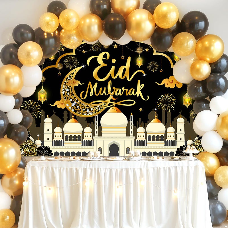 Mocsicka Eid Mubarak Banner Blue Gold Eid Mubarak Decorations Muslim Ramadan Kareem Decorations for Home Photo Booth Props (Blue) - Image 2
