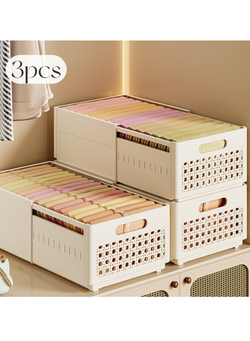 3PCS Retractable Storage Box Closet Storage Organizer Foldable Stackable Bins with Handles,Drawer Organizers for Pantry Fridge Plastic Basket Stackable Plastic Drawer Storage Box for Kitchen, Refrigerator, Cabinets, Wardrobes, Bathroom, Office - Image 1
