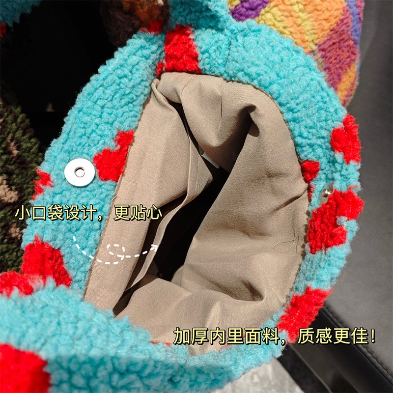 Lamb Plush Bag Retro Leopard Print Woolen Crossbody Bag Women'S Bucket Tote Bag Large Capacity Shoulder Bag - Image 5