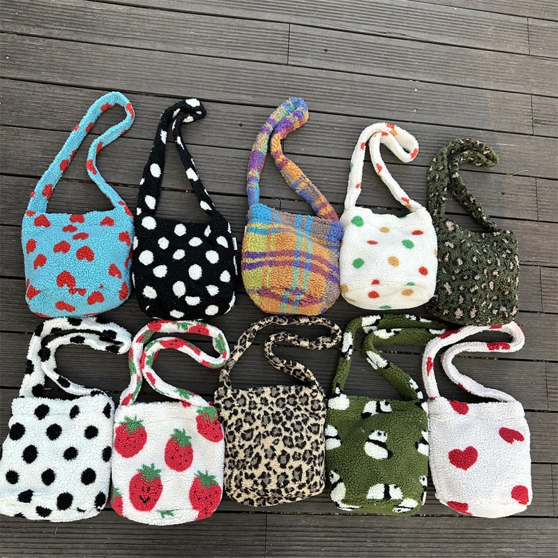 Lamb Plush Bag Retro Leopard Print Woolen Crossbody Bag Women'S Bucket Tote Bag Large Capacity Shoulder Bag - Image 2