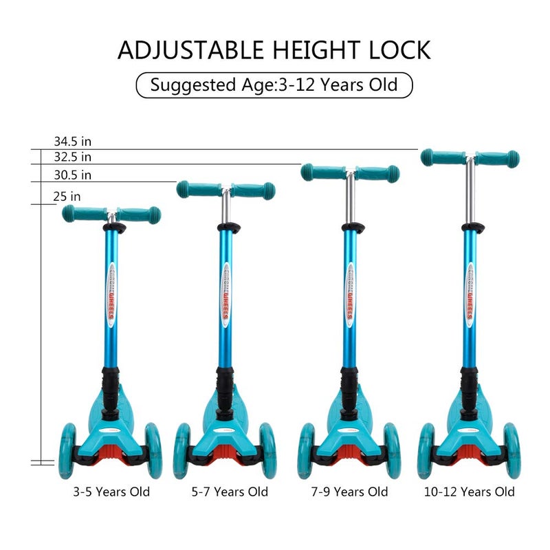 ChromeWheels Foldable Scooters for Kids, Deluxe Kick Scooter 4 Adjustable Height 132lbs Weight Limit 3 Wheel, Lean to Steer LED Light Up Wheels, Best Gifts for Girls Boys Age 3-12 Year Old, Aqua