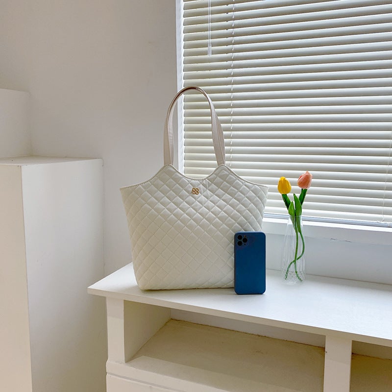 Korean Style Large Capacity Tote Bag New Casual Commuter Shoulder Bag Fashion Rhombus Embroidery Thread Handbag - Image 5