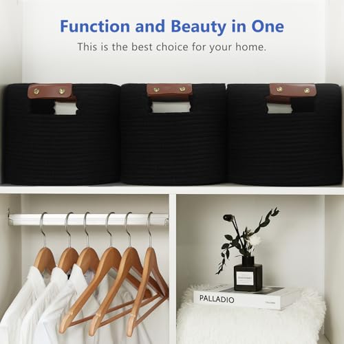 ECDYQXVU Cotton Rope Basket , Storage Baskets with Handle, 15x10x9 Inch Woven Basket for Shelves, Laundry, Towels, Clothes, Books, Toys (Black 1Pack) - Image 5