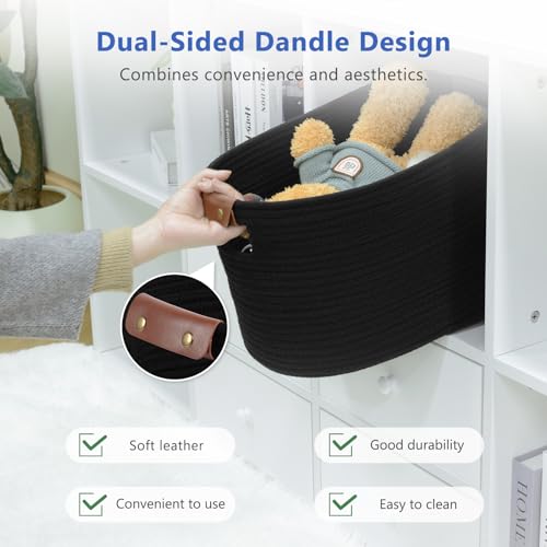 ECDYQXVU Cotton Rope Basket , Storage Baskets with Handle, 15x10x9 Inch Woven Basket for Shelves, Laundry, Towels, Clothes, Books, Toys (Black 1Pack) - Image 4