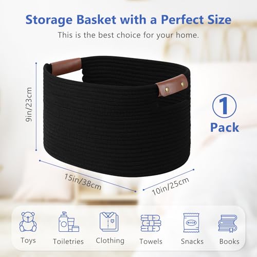 ECDYQXVU Cotton Rope Basket , Storage Baskets with Handle, 15x10x9 Inch Woven Basket for Shelves, Laundry, Towels, Clothes, Books, Toys (Black 1Pack) - Image 3