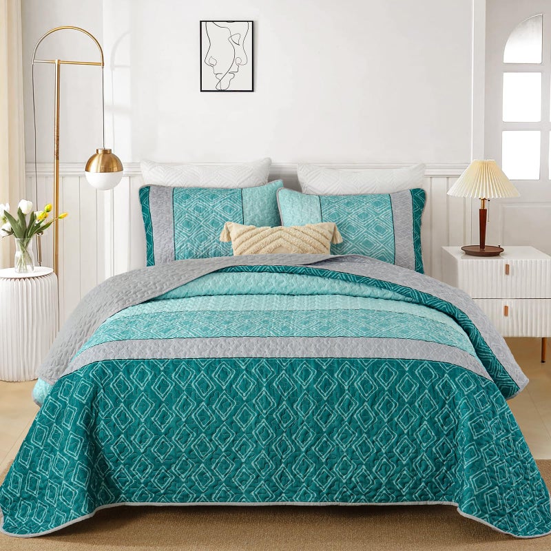 Cottolester Teal Quilt Set,Boho Bedspread Queen Size,Blue Sriped Plaid Bedding Set Soft Microfiber Quilt with 2 Pillow Shams 96"x90" - Image 2