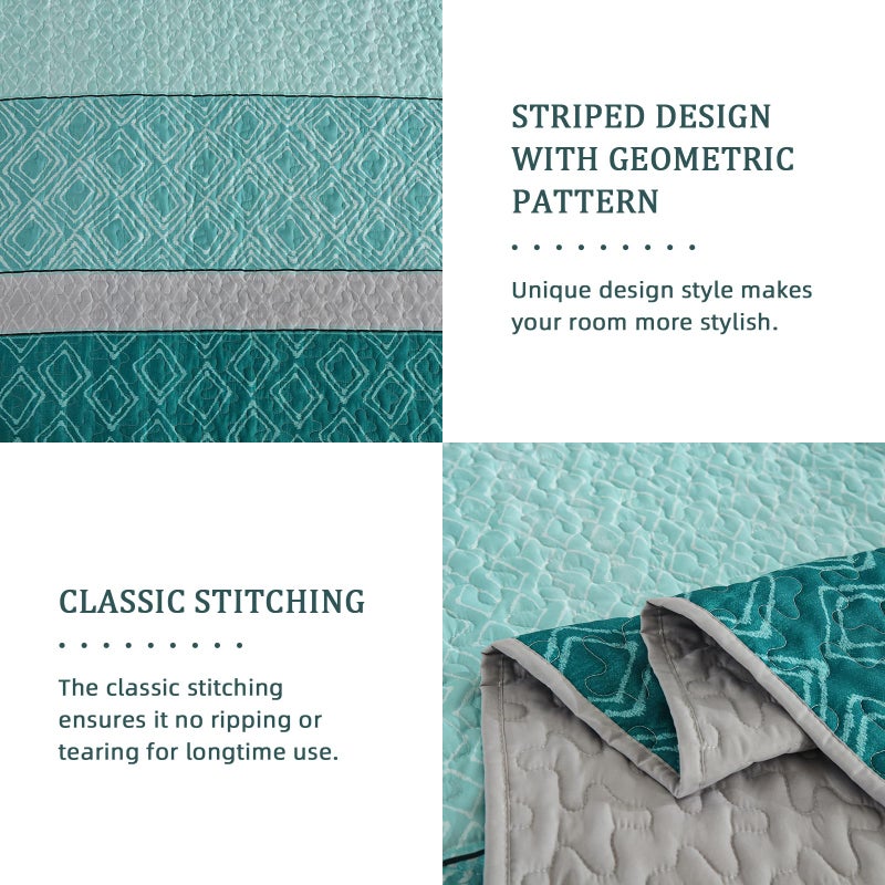 Cottolester Teal Quilt Set,Boho Bedspread Queen Size,Blue Sriped Plaid Bedding Set Soft Microfiber Quilt with 2 Pillow Shams 96"x90" - Image 5