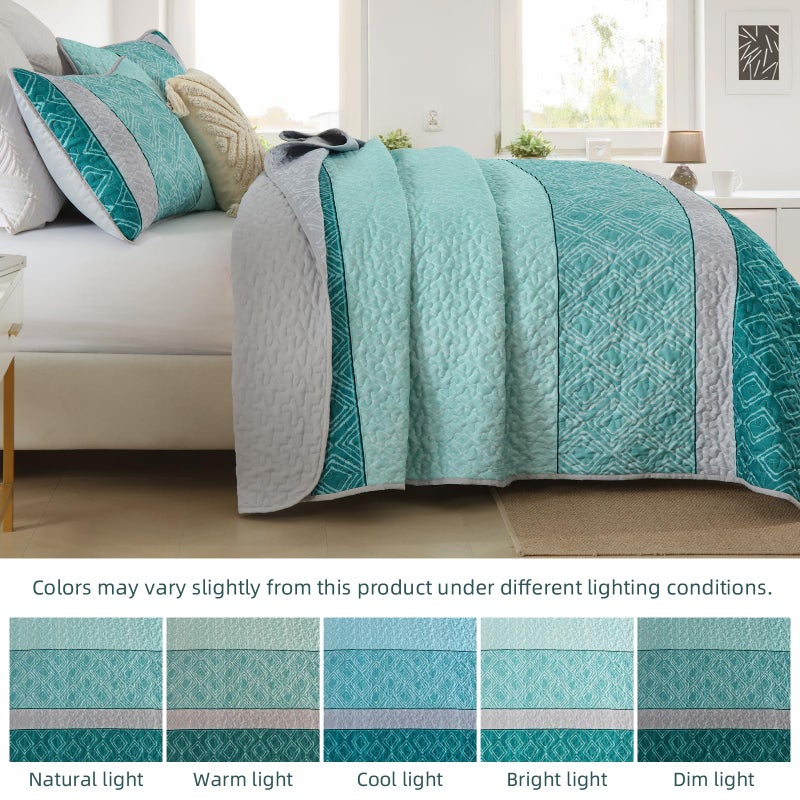Cottolester Teal Quilt Set,Boho Bedspread Queen Size,Blue Sriped Plaid Bedding Set Soft Microfiber Quilt with 2 Pillow Shams 96"x90" - Image 4