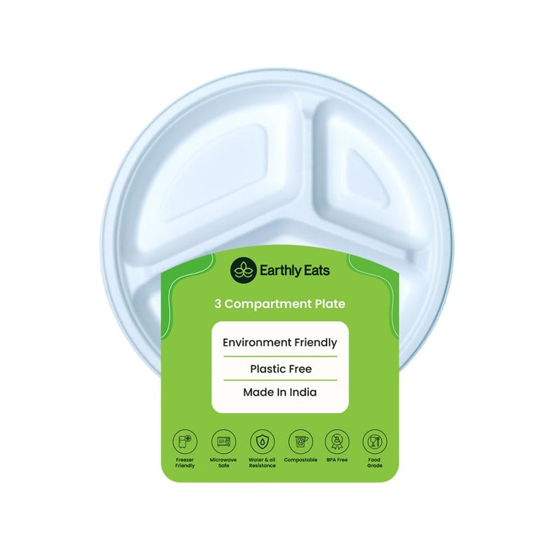Earthly Eats 10 inch 50 Pack 3Compartment Disposable Bagasse Plates EcoFriendly Biodegradable Sugarcane Bagasse Plates for Serving Dinner Birthday Wedding Party Round White 25 cm - Image 1