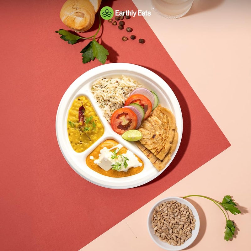 Earthly Eats 10 inch 50 Pack 3Compartment Disposable Bagasse Plates EcoFriendly Biodegradable Sugarcane Bagasse Plates for Serving Dinner Birthday Wedding Party Round White 25 cm - Image 3