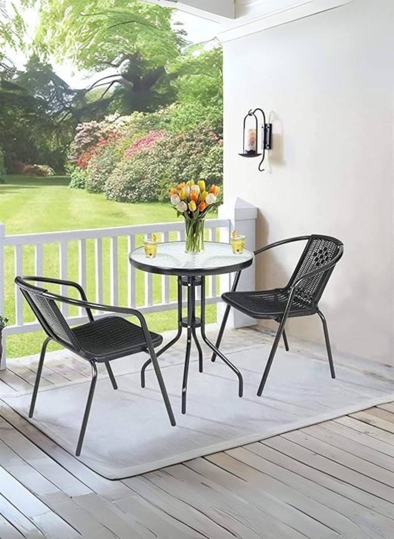 KUSTOMDECO 3-Piece Outdoor Bistro Set, Glass Top Round Table with 2 Black Mesh Chairs, Patio Furniture for Balcony - Image 1