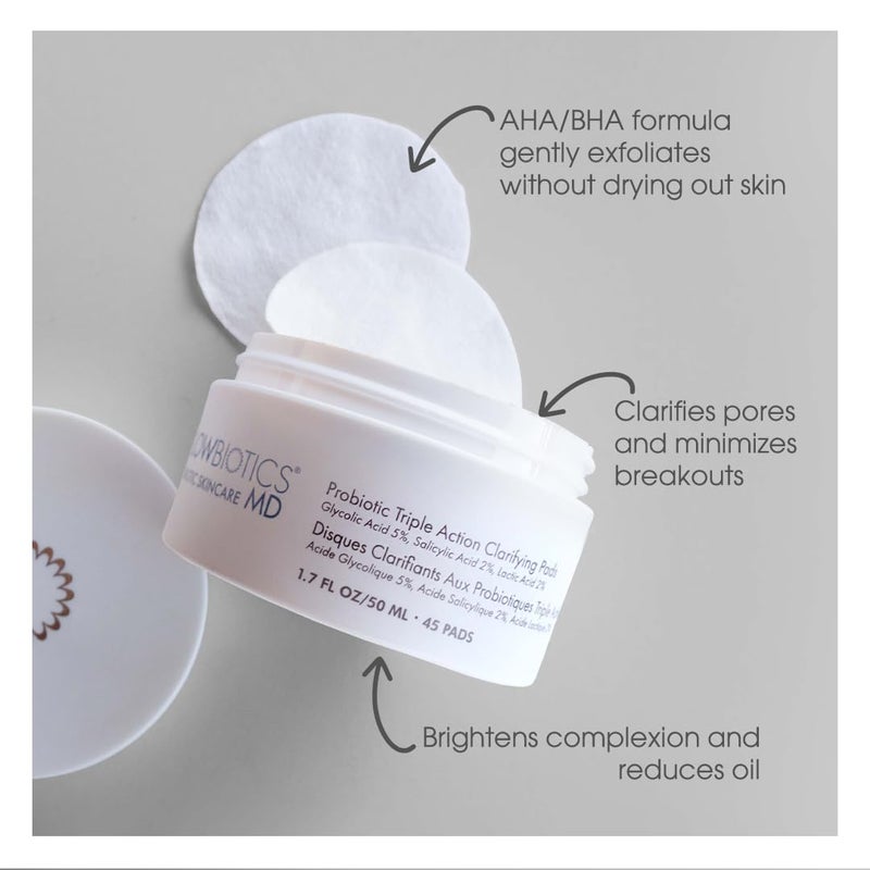 Glowbiotics Probiotic Triple Action Clarifying Pads: Helps Prevent Breakouts, Enhances Skin Radiance & Minimizes Shine | With 5% Glycolic, 2% Lactic, 2% Salicylic Acid, 60 Pads - Image 2