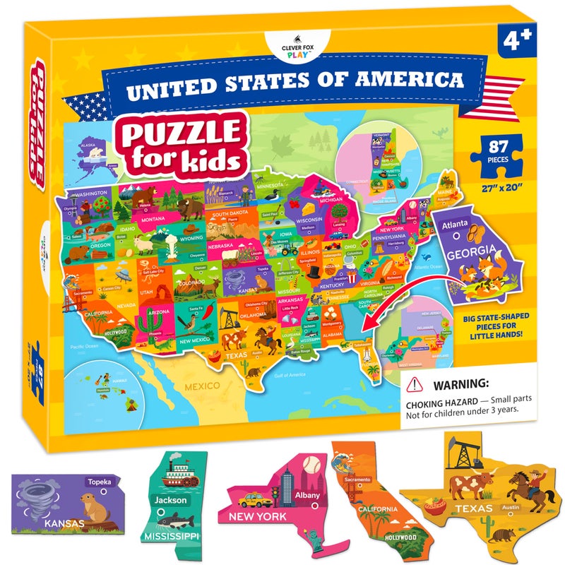 Clever Fox Play United States Puzzle for Kids Ages 48 87 Large USA StateShaped Pieces 27x20 Map Learn All 50 US States Capitals Landmarks USA Jigsaw Educational Toy Gift for Boys Girls Ages 4 - Image 3