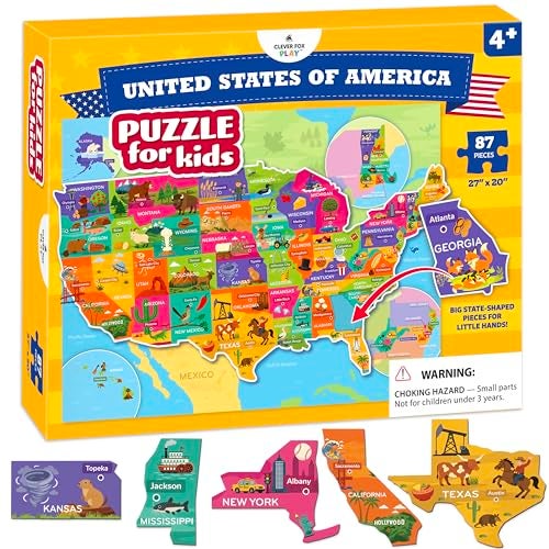 Clever Fox Play United States Puzzle for Kids Ages 48 87 Large USA StateShaped Pieces 27x20 Map Learn All 50 US States Capitals Landmarks USA Jigsaw Educational Toy Gift for Boys Girls Ages 4 - Image 1