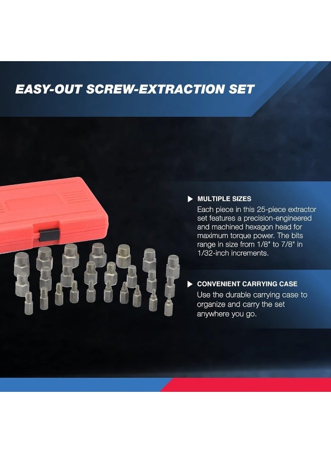 Neiko - NEIKO 04204A Hex-Head Multispline Screw and Bolt Extractor Set, Easy-Out Extraction, Broken Remover, Stripped Fastener Tool, 1/8 Inch to 7/8 in 1/32-Inch Increments, CrMo, 25 Pieces - Image 1