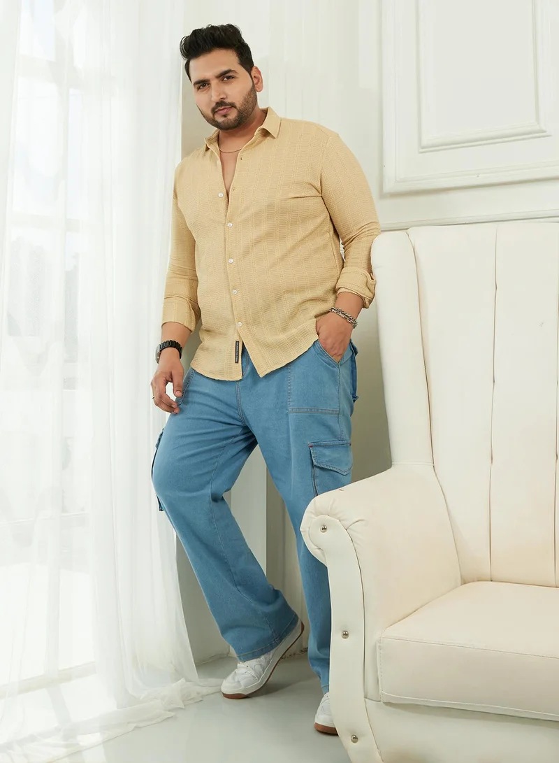 Instafab Plus Instafab Plus Men's Yellow Ochre Wicker-Tactile Shirt For Casual Wear | Spread Collar | Long Cuffed Sleeves | Button Closure | Plus Size Shirt Crafted With Comfort Fit For Everyday Wear