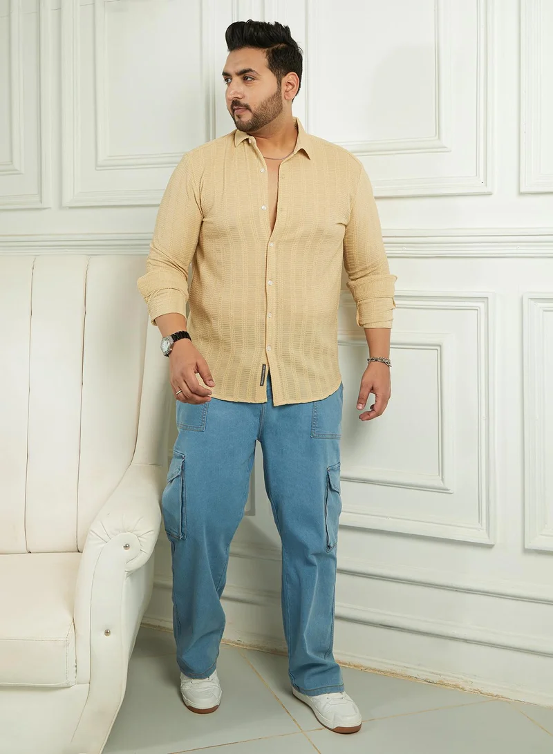 Instafab Plus Instafab Plus Men's Yellow Ochre Wicker-Tactile Shirt For Casual Wear | Spread Collar | Long Cuffed Sleeves | Button Closure | Plus Size Shirt Crafted With Comfort Fit For Everyday Wear