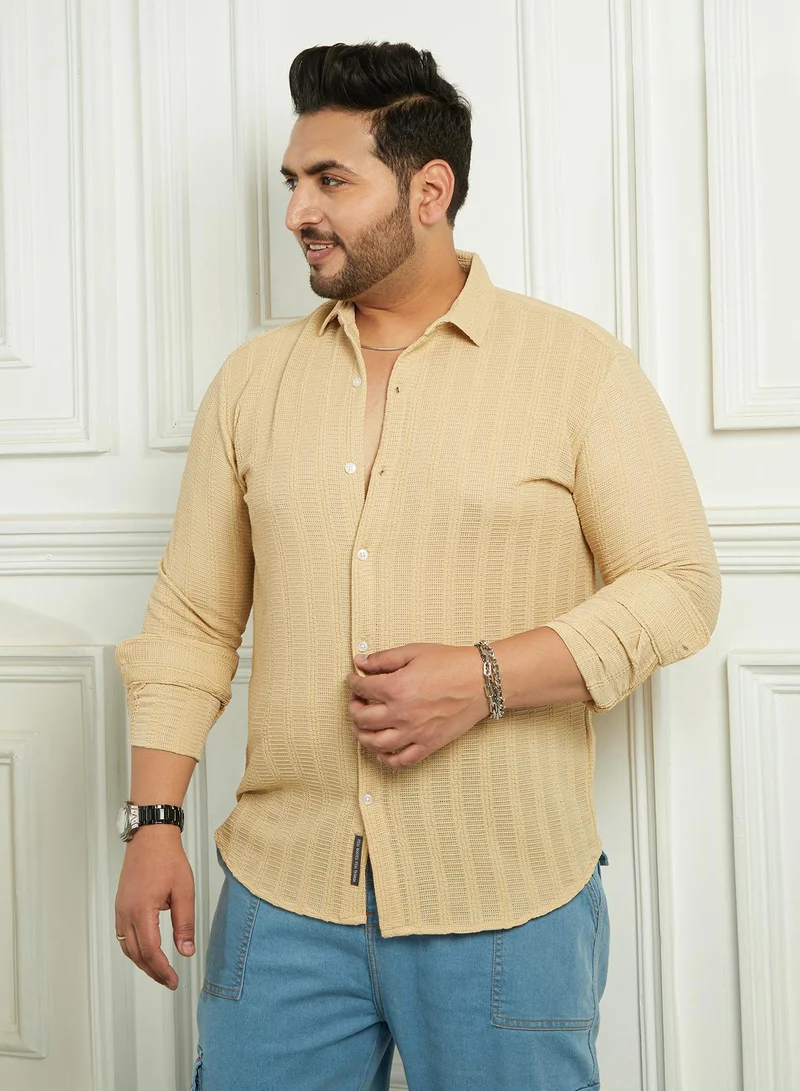 Instafab Plus Instafab Plus Men's Yellow Ochre Wicker-Tactile Shirt For Casual Wear | Spread Collar | Long Cuffed Sleeves | Button Closure | Plus Size Shirt Crafted With Comfort Fit For Everyday Wear
