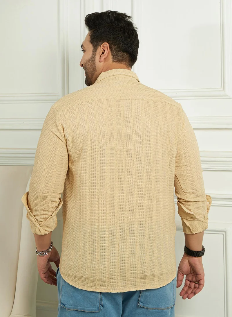 Instafab Plus Instafab Plus Men's Yellow Ochre Wicker-Tactile Shirt For Casual Wear | Spread Collar | Long Cuffed Sleeves | Button Closure | Plus Size Shirt Crafted With Comfort Fit For Everyday Wear