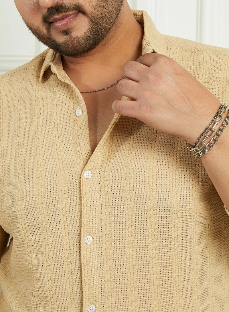 Instafab Plus Instafab Plus Men's Yellow Ochre Wicker-Tactile Shirt For Casual Wear | Spread Collar | Long Cuffed Sleeves | Button Closure | Plus Size Shirt Crafted With Comfort Fit For Everyday Wear