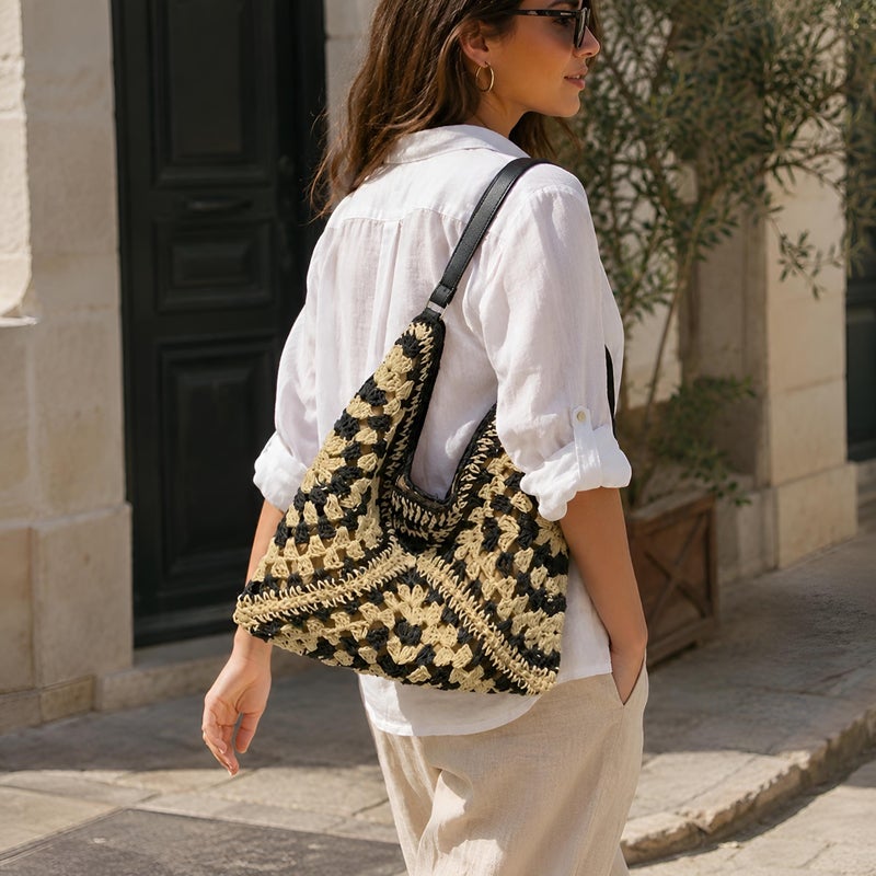 SheSelects Handmade Straw Shoulder Bag for Women, Woven Summer Hobo Bag - Black & Beige - Image 5