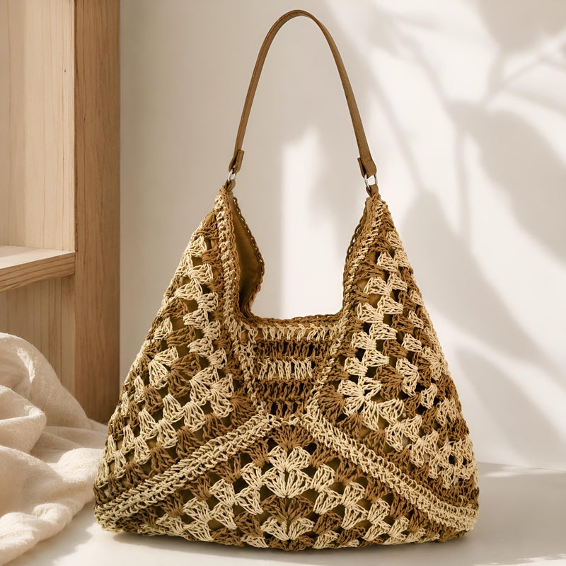 SheSelects Handmade Straw Shoulder Bag for Women, Woven Summer Hobo Bag - Black & Beige - Image 4