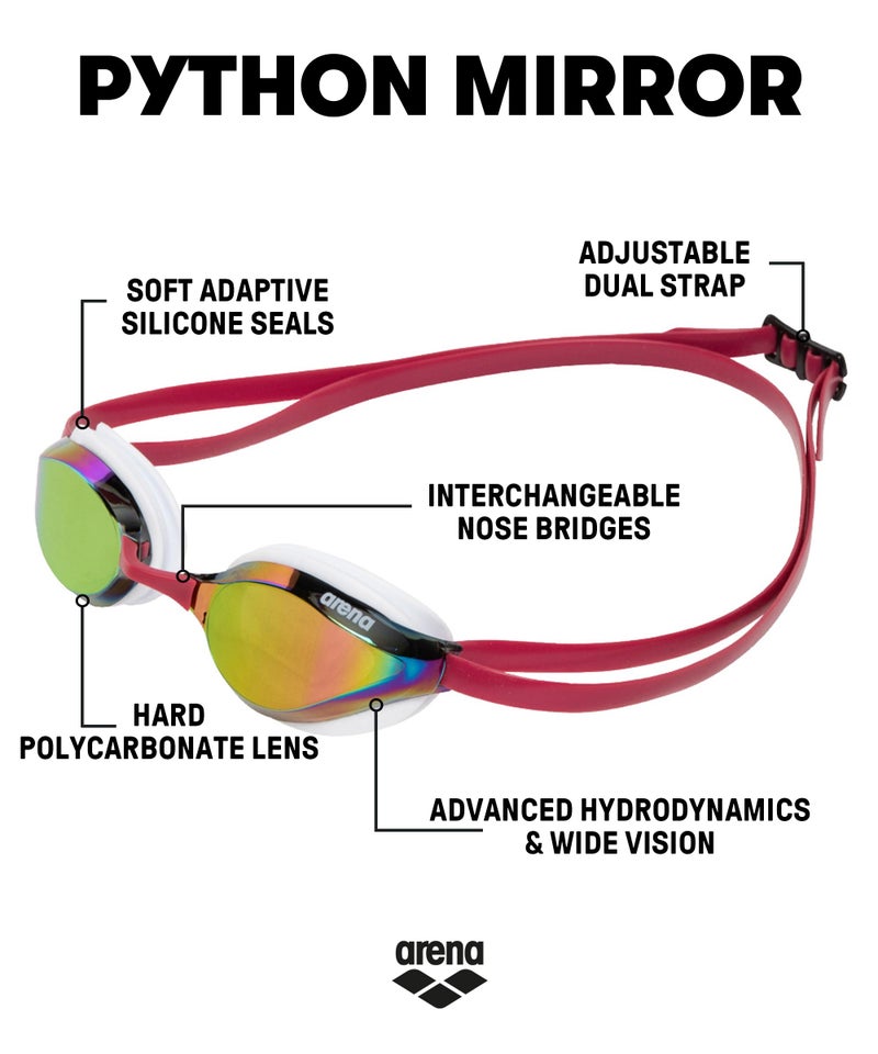 ARENA Unisex Python Racing Swim Goggles for Men and Women Anti-Fog Mirror Lens Max Comfort Dual Strap, Copper/White/Red Wine - Image 2